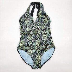 Athleta Paisley One Piece Swimsuit Size 36C 34D 32DD Tear Away B4 U Play Green